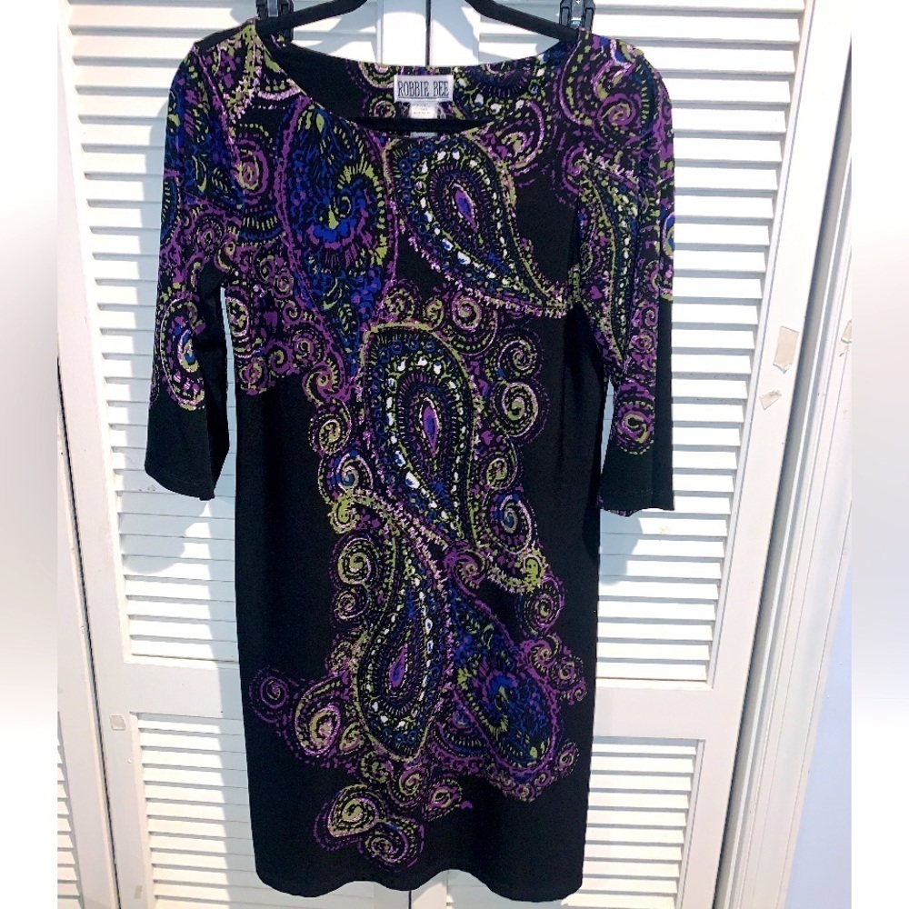 Robbie Bee vintage black shift peacock midi dress Small